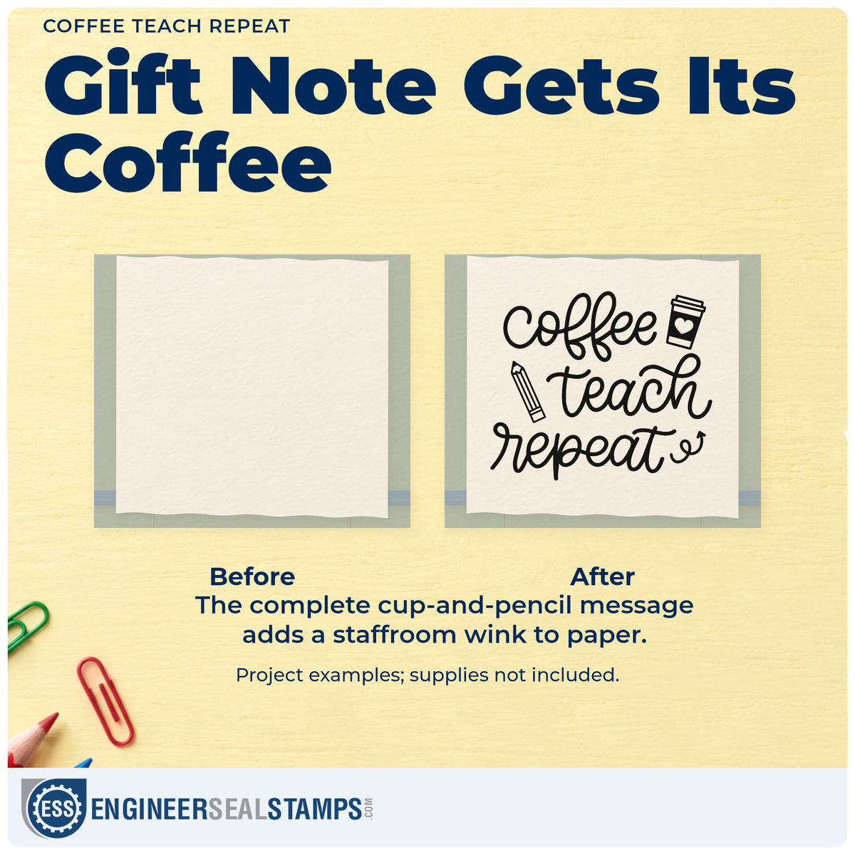 Before and after of a plain item finished with the Vintage Pro Coffee Teach Repeat Premium Wooden Stamp, a quick upgrade for grinder shelf labels.