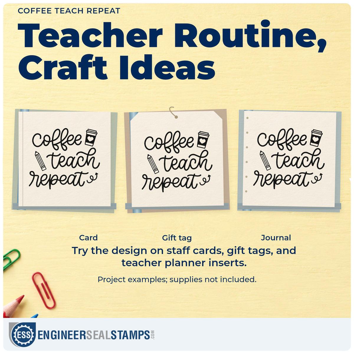 Three project examples made with the Coffee Teach Repeat Rubber Stamp – Duo Hand, including stencil set crafts.