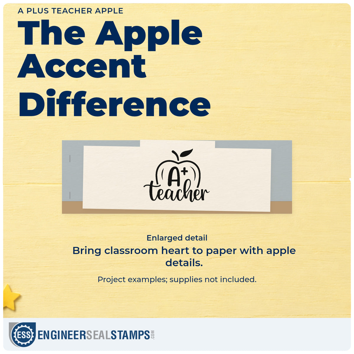 Enlarged detail of the A Plus Teacher Apple Stamp – Slim Pre-Inked imprint. An outlined apple holds an A+ above "Teacher" script.