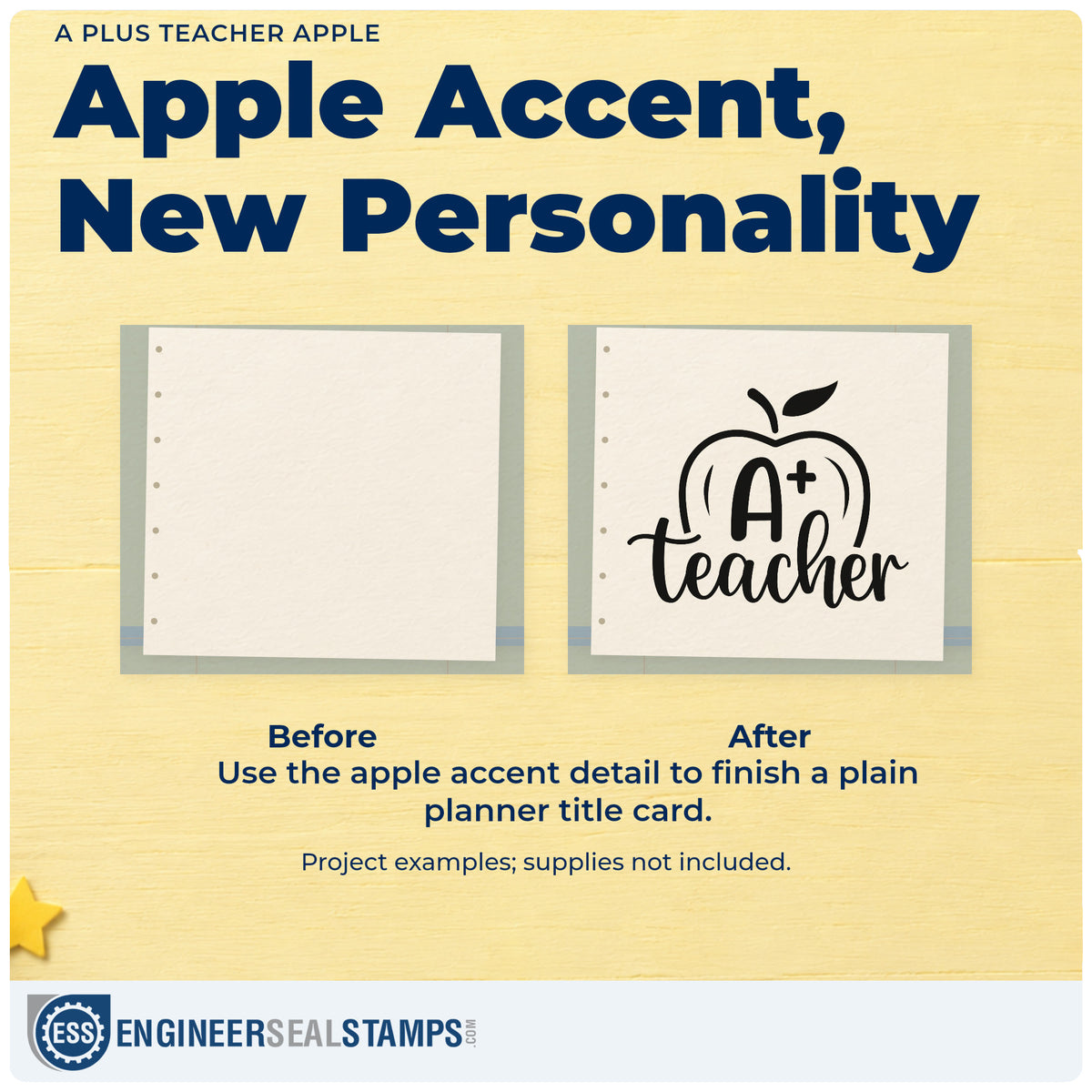 Before and after of a plain item finished with the A Plus Teacher Apple PSI Pre-Inked Stamp, a quick upgrade for honor roll labels.