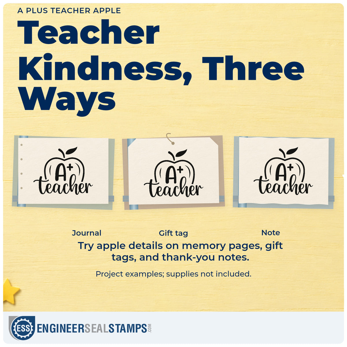 Three project examples made with the A Plus Teacher Apple Premium Wood-Mounted Stamp - Vintage Pro, including sticker blank crafts.