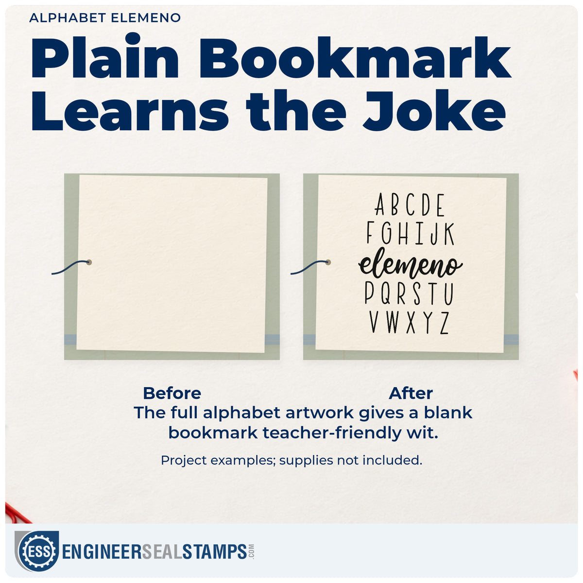 Before and after of a plain item finished with the Alphabet Elemeno Script Lettering Self-Inking Stamp, a quick upgrade for book bin labels.
