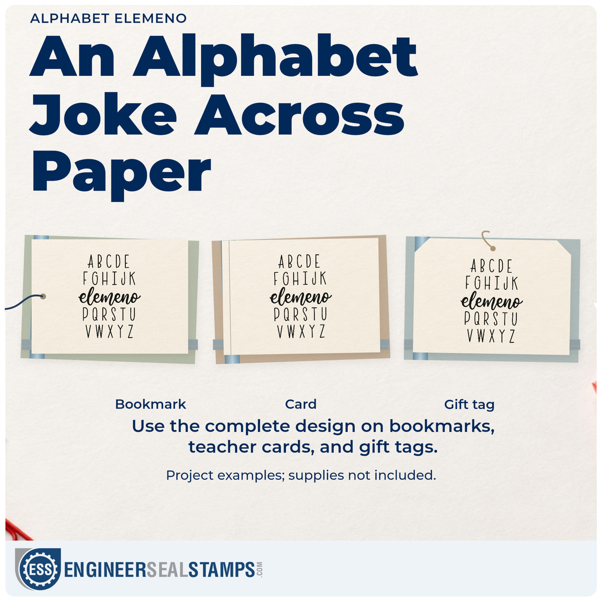 Three project examples made with the Alphabet Elemeno Script Lettering Self-Inking Stamp, including magnet tile crafts.