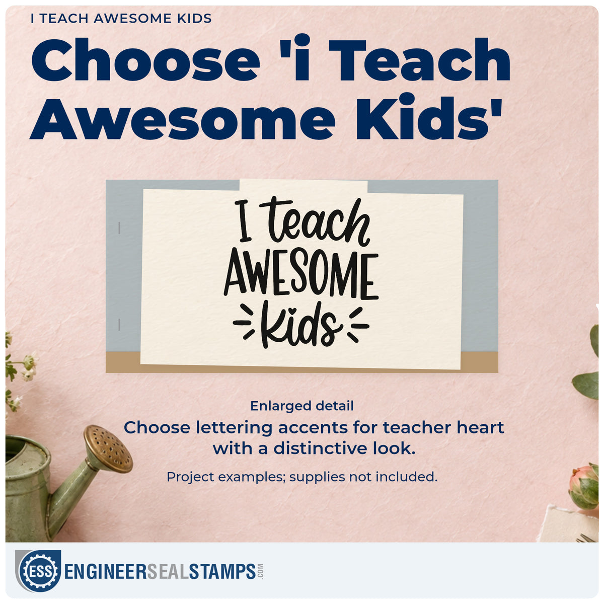 Enlarged detail of the I Teach Awesome Kids Hand Stamp – Duo imprint. Radiating marks and a small heart accent "I teach awesome kids."