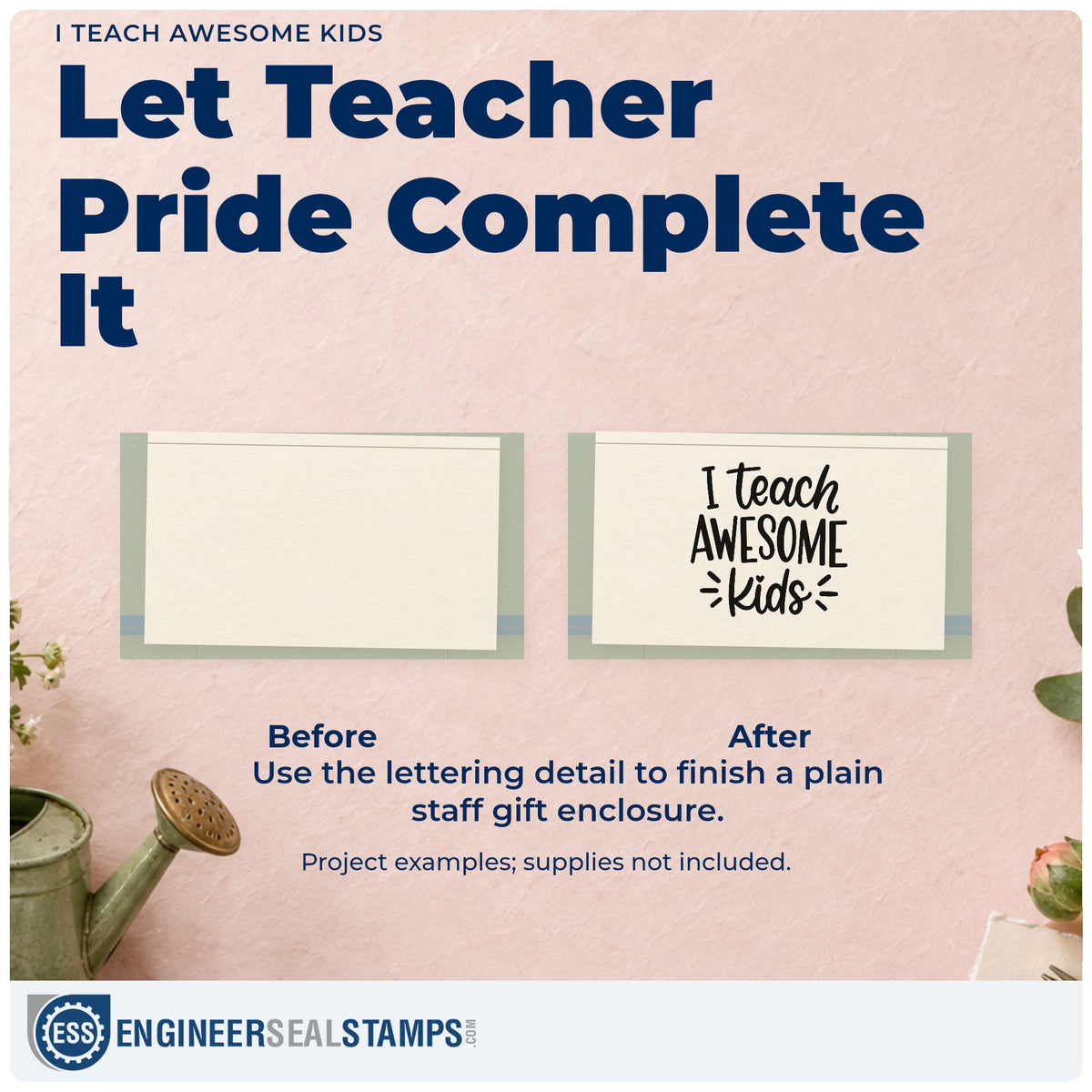 Before and after of a plain item finished with the I Teach Awesome Kids Hand Stamp – Duo, a quick upgrade for communication labels.