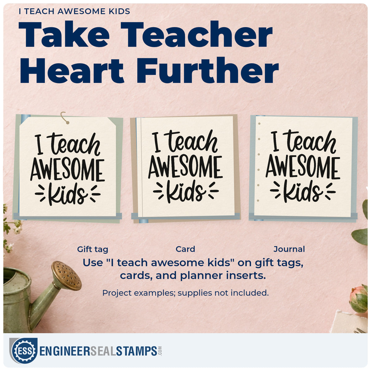 Three project examples made with the Pre-Inked I Teach Awesome Kids Stamp – PSI, including sensory bin crafts.