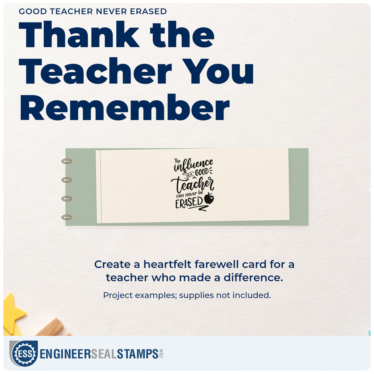 A finished handmade project stamped with the Premium Wooden Good Teacher Never Erased Stamp - Vintage Pro, ideal for moving box tags.
