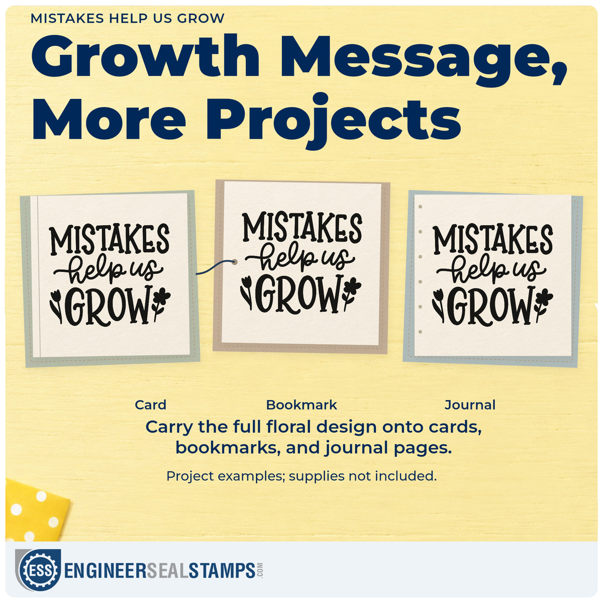 Three project examples made with the Slim Pre-Inked Mistakes Help Us Grow Floral Accents Stamp, including seed packet crafts.