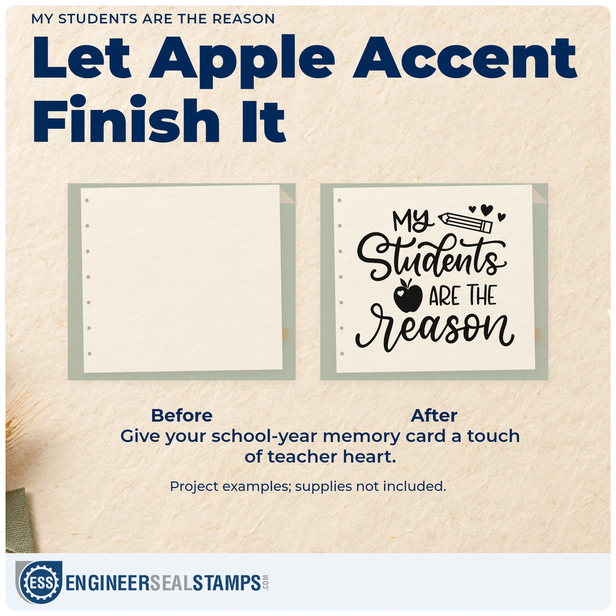 Before and after of a plain item finished with the My Students Are The Reason Wood-Mounted Rubber Stamp, a quick upgrade for mailbox slot labels.