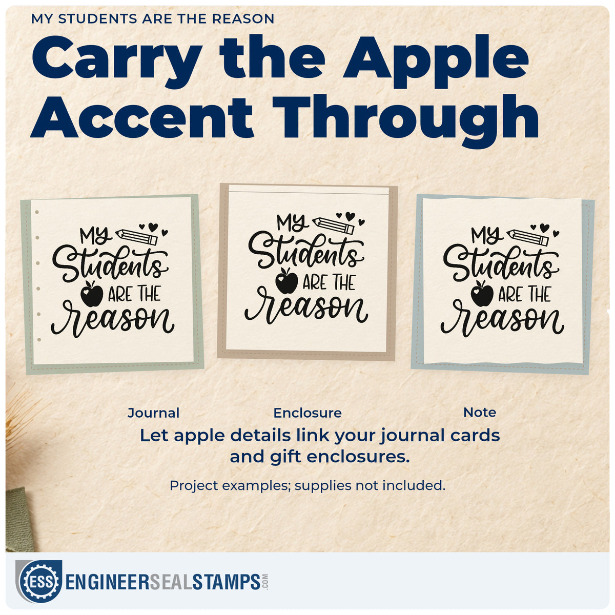 Three project examples made with the My Students Are The Reason Wood-Mounted Rubber Stamp, including memory card crafts.