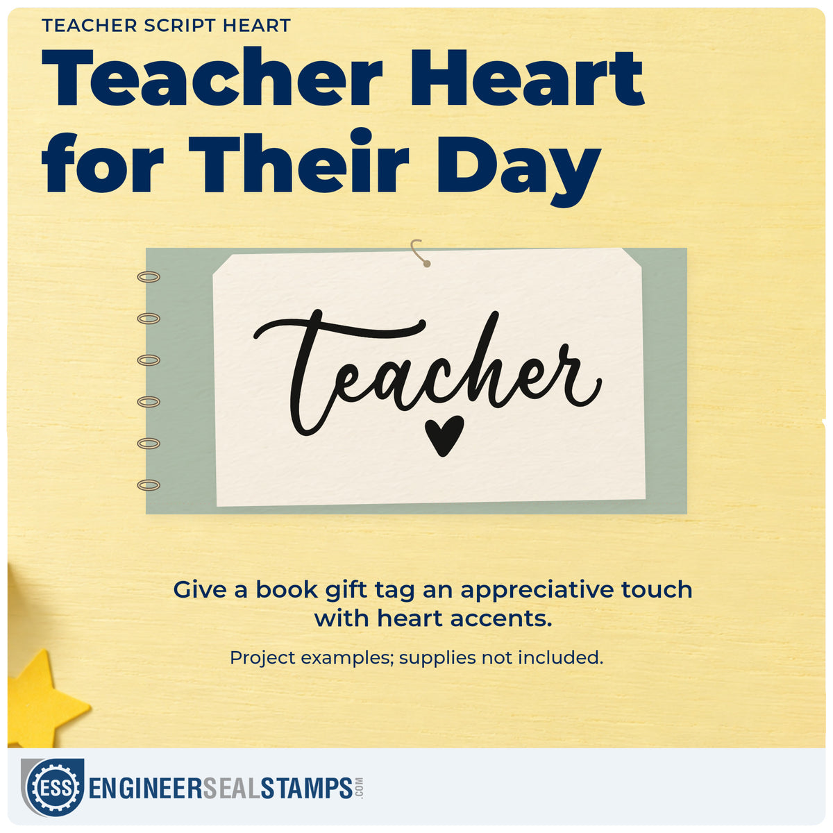 A finished handmade project stamped with the Teacher Script Heart Lettering Rubber Stamp – Wood Handle, ideal for bulk class tags.