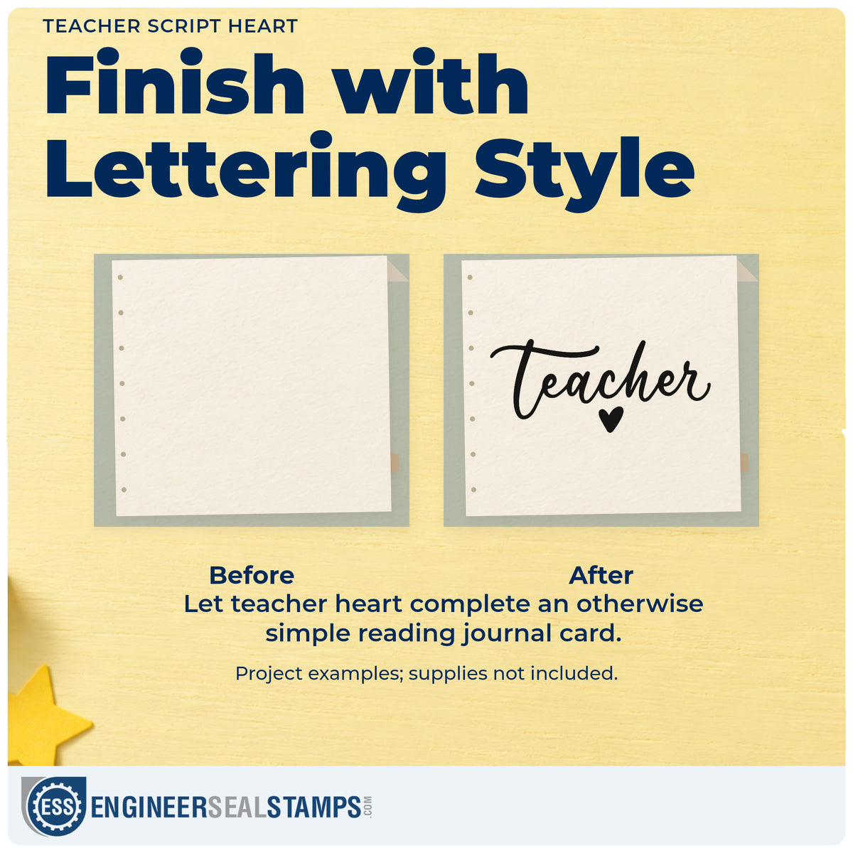 Before and after of a plain item finished with the Teacher Script Heart Lettering Pre-Inked Stamp – PSI, a quick upgrade for return address labels.