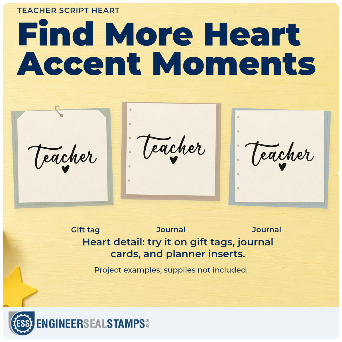 Three project examples made with the Teacher Script Heart Lettering Rubber Stamp – Wood Handle, including envelope flap crafts.