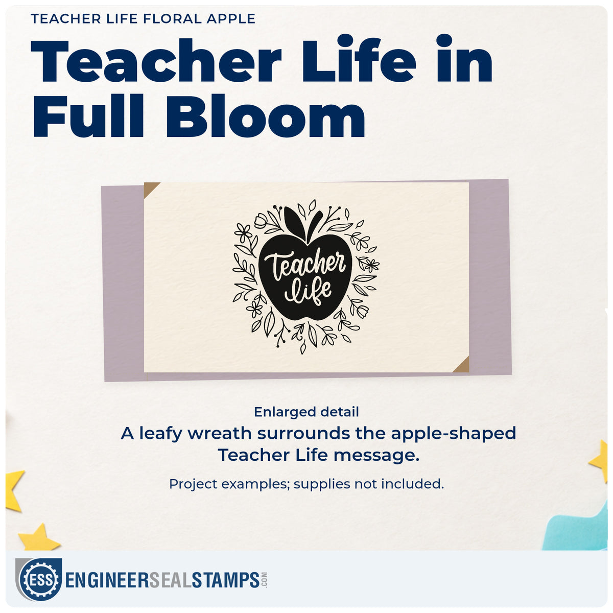 Enlarged detail of the Teacher Life Floral Apple Pre-Inked Stamp – Slim imprint. A leafy floral wreath surrounds a solid apple containing "Teacher life" script.