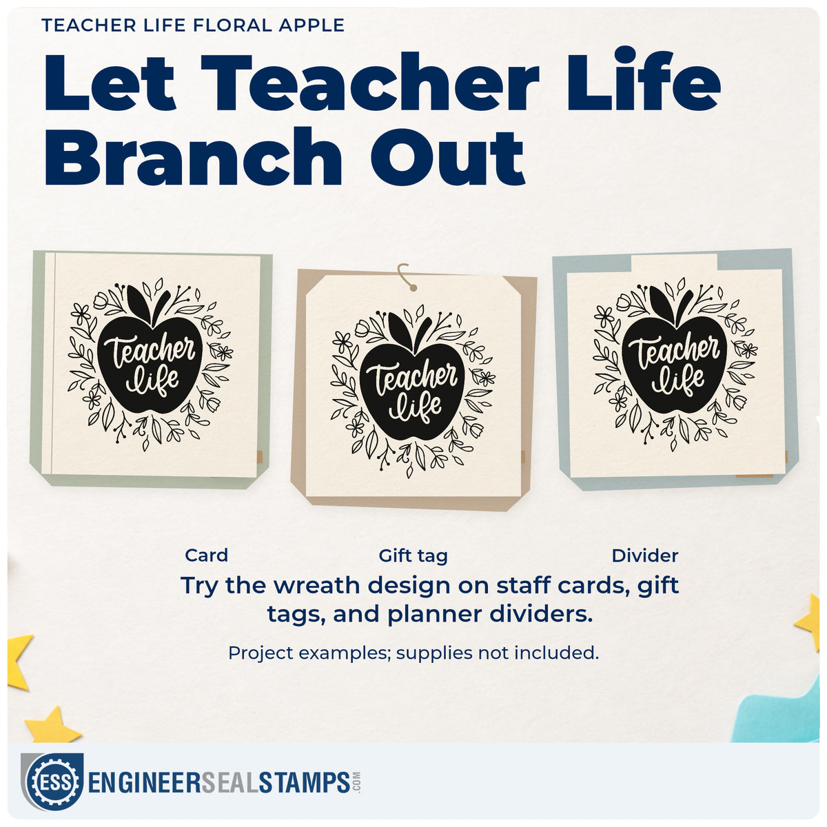 Three project examples made with the Teacher Life Floral Apple Pre-Inked Stamp – Slim, including paper leaf crafts.