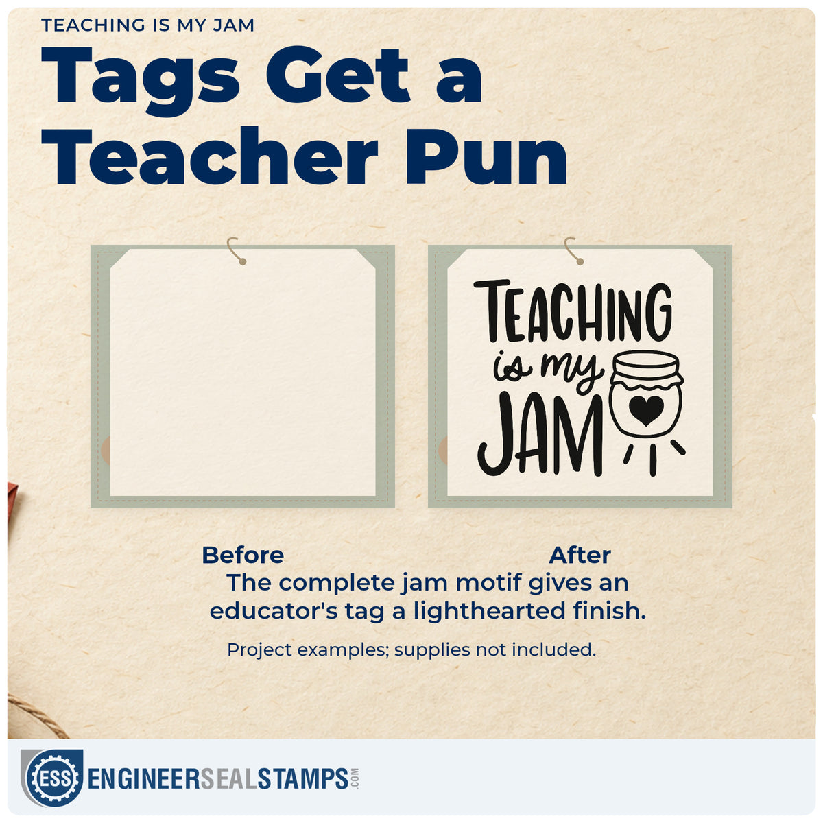 Before and after of a plain item finished with the Teaching Is My Jam Hand Stamp – Duo, a quick upgrade for pantry jar labels.