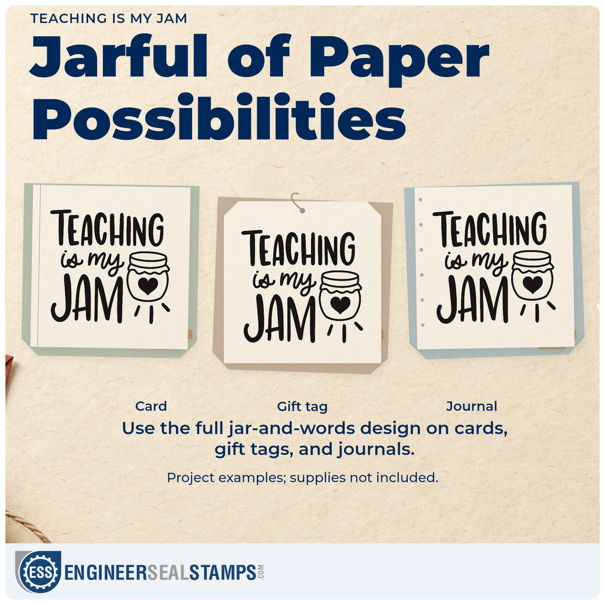 Three project examples made with the Teaching Is My Jam Premium Wooden Stamp - Vintage Pro, including canning lid crafts.