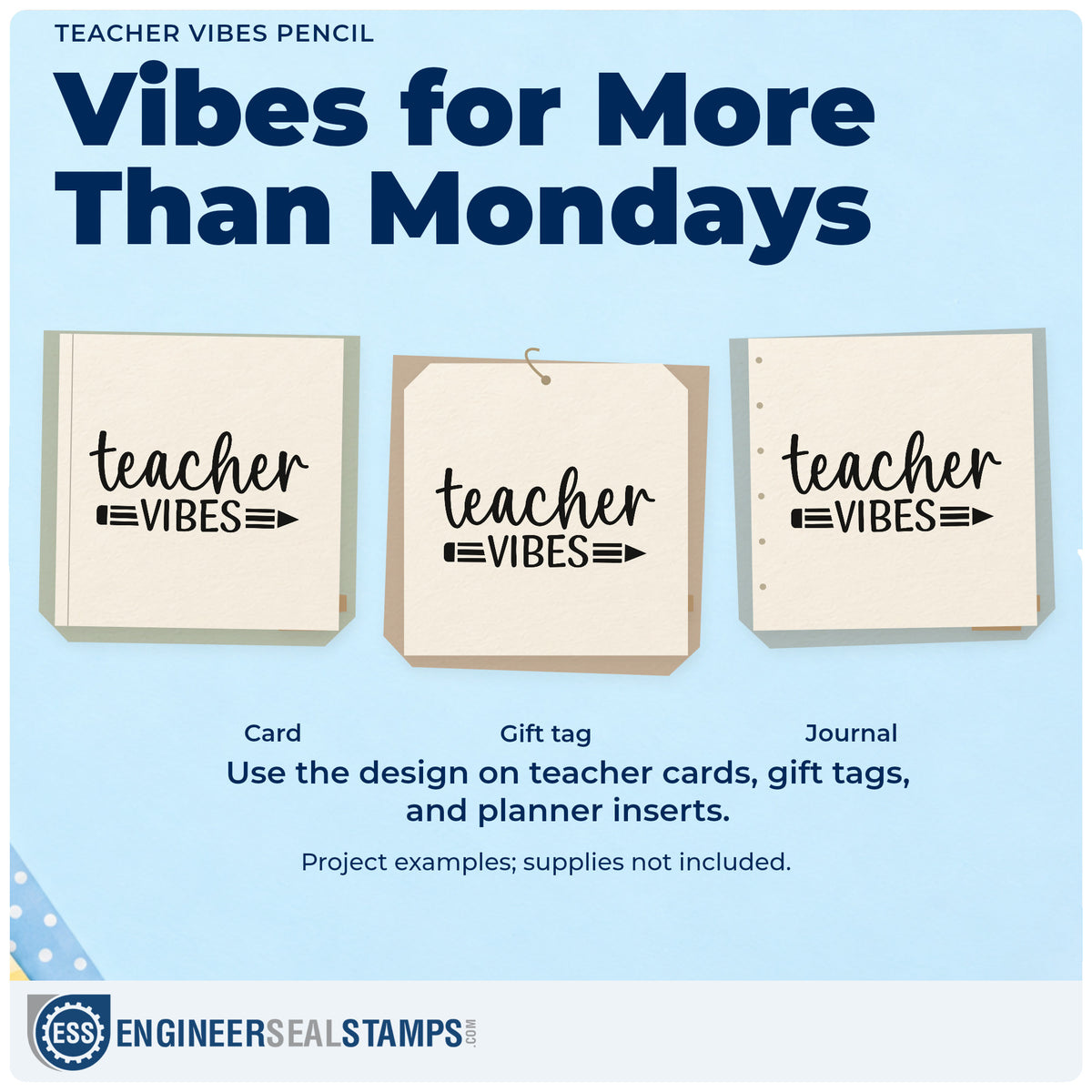 Three project examples made with the Teacher Vibes Pencil Script Lettering Rubber Stamp – Duo Hand, including chalk marker crafts.