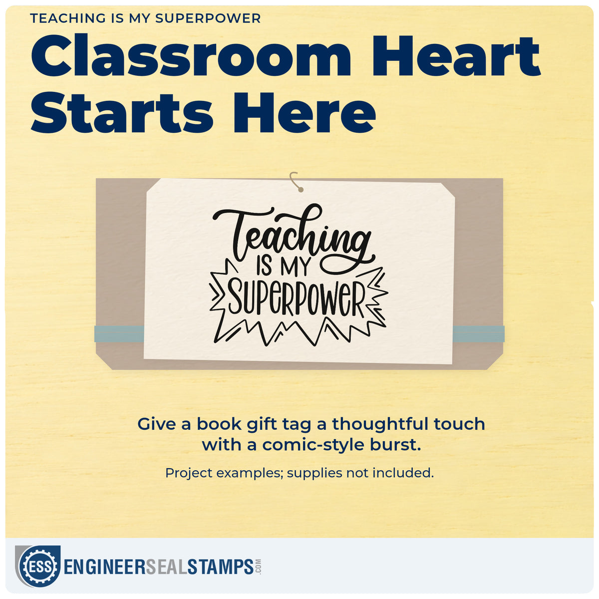 A finished handmade project stamped with the Teaching Superpower Lettering Rubber Stamp – Wood Handle, ideal for career day tags.