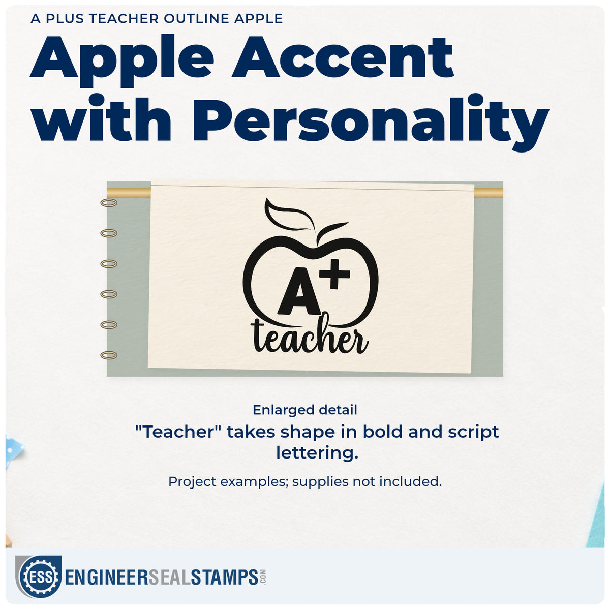 Enlarged detail of the A Plus Teacher Outline Apple Script Lettering Compact Pre-Inked Stamp – Slim imprint. A bold outlined apple holds A+ above "Teacher" script.