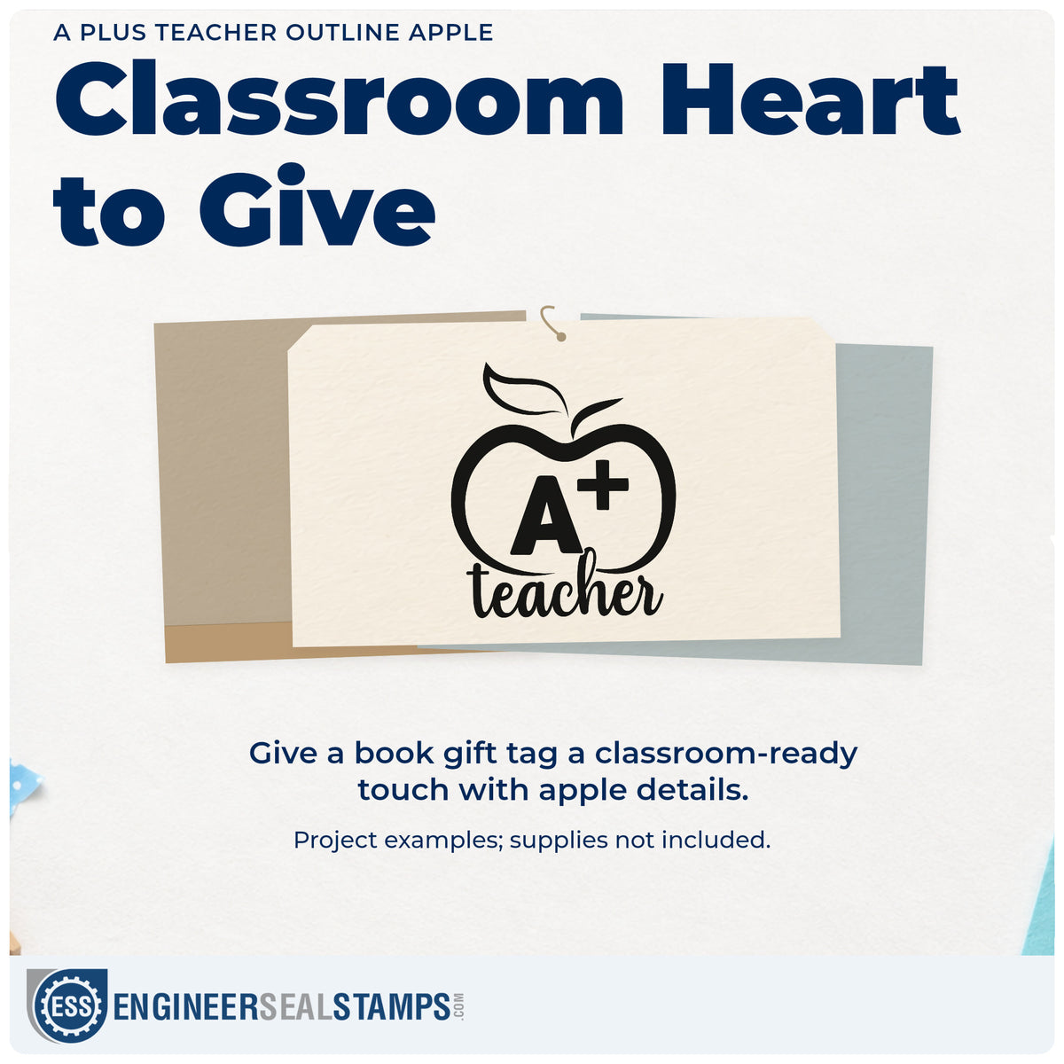 A finished handmade project stamped with the A Plus Teacher Outline Apple Script Lettering Rubber Stamp – Duo Hand, ideal for banquet seat tags.