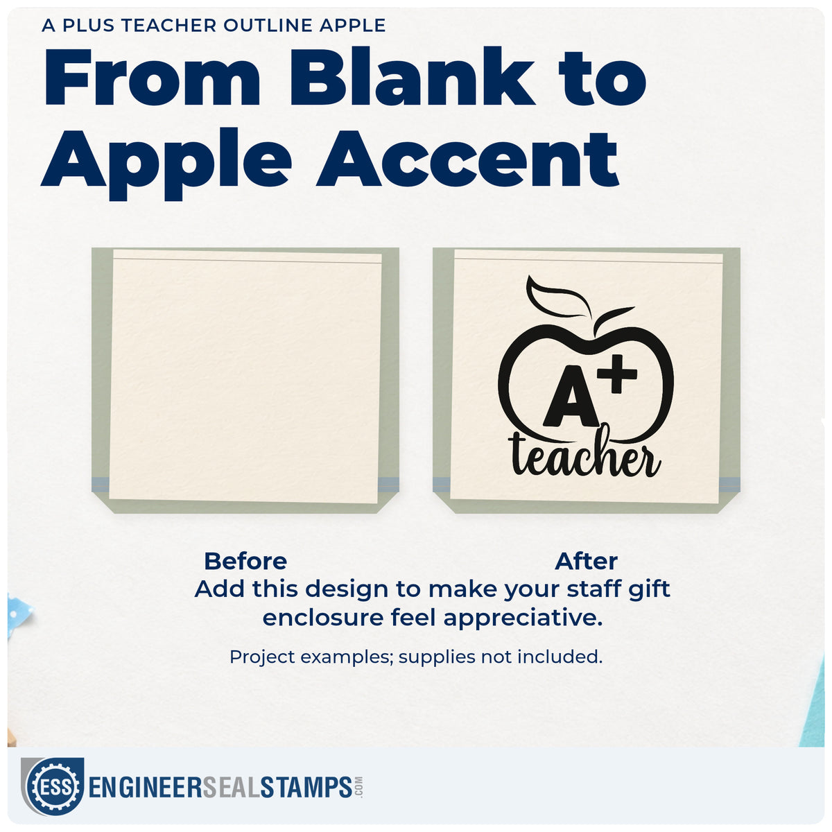 Before and after of a plain item finished with the A Plus Teacher Outline Apple Script Lettering PSI Pre-Inked Stamp, a quick upgrade for display case labels.