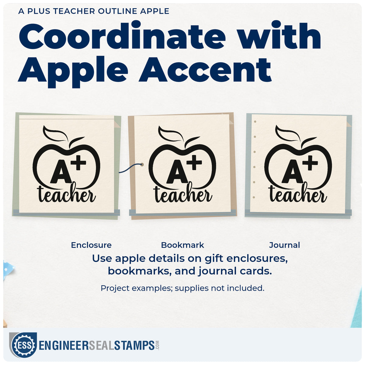 Three project examples made with the A Plus Teacher Outline Apple Script Lettering Self-Inking Stamp, including certificate crafts.