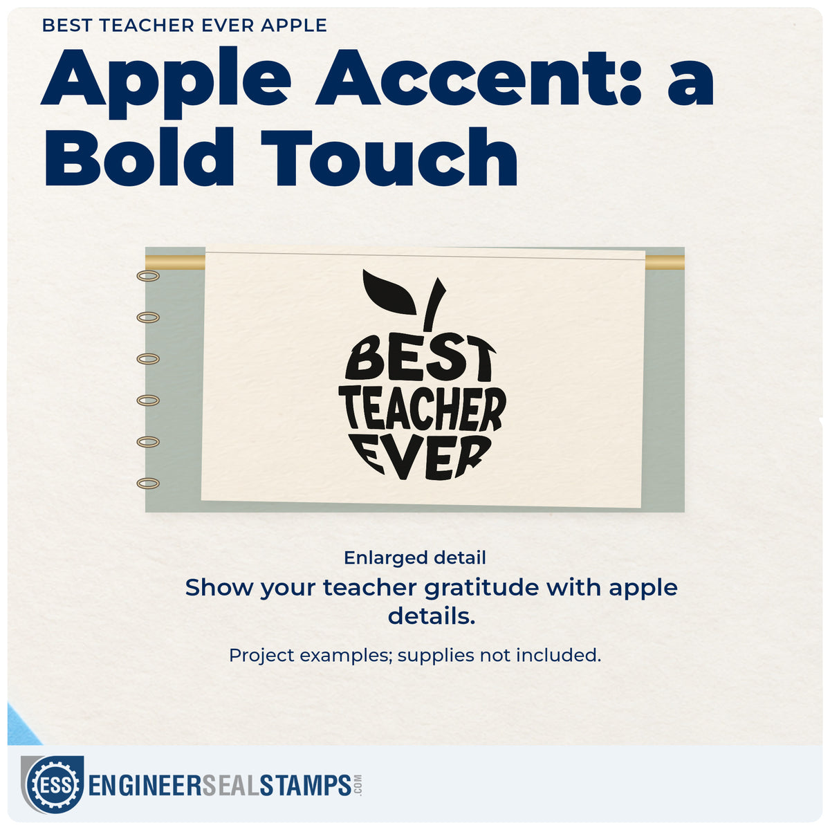 Enlarged detail of the Best Teacher Ever Apple Lettering Premium Wooden Stamp - Vintage Pro imprint. Bold "Best teacher ever" lettering forms an apple shape topped with a stem and leaf.
