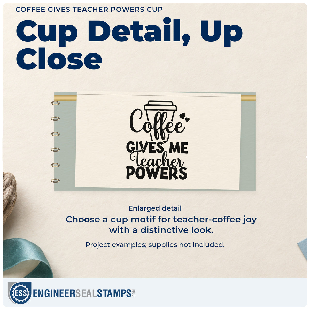 Enlarged detail of the Coffee Gives Teacher Powers Cup With Hearts Stamp - Premium Vintage Pro Wooden imprint. A large takeaway cup, hearts, and mixed lettering form "Coffee gives me teacher powers."