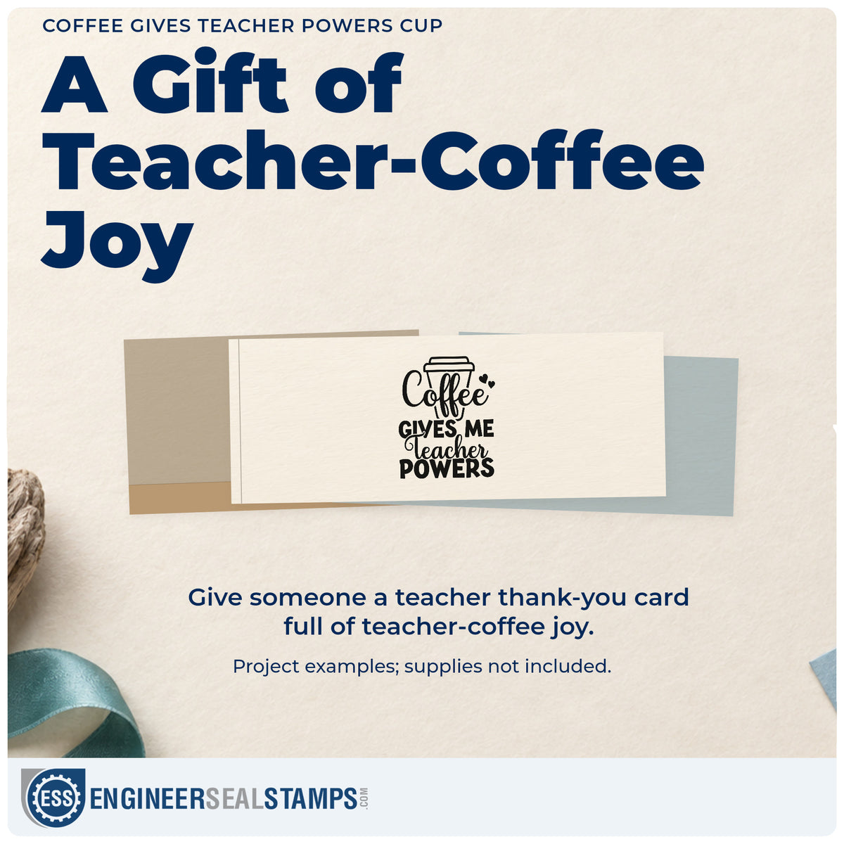 A finished handmade project stamped with the Self-Inking Coffee Gives Teacher Powers Cup With Hearts Stamp, ideal for bulk order tags.