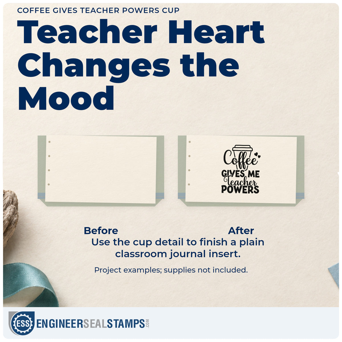Before and after of a plain item finished with the Coffee Gives Teacher Powers Cup With Hearts Stamp - Premium Vintage Pro Wooden, a quick upgrade for cart menu labels.