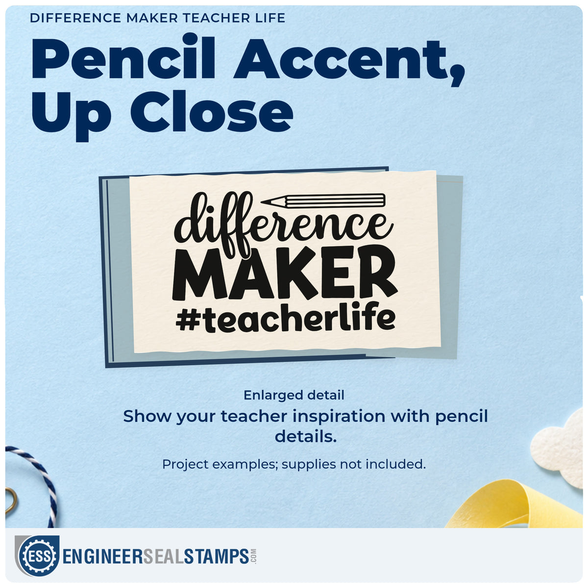 Enlarged detail of the Wood Handle Difference Maker Teacher Life Rubber Stamp imprint. A pencil sits above "Difference maker" and "#teacherlife."