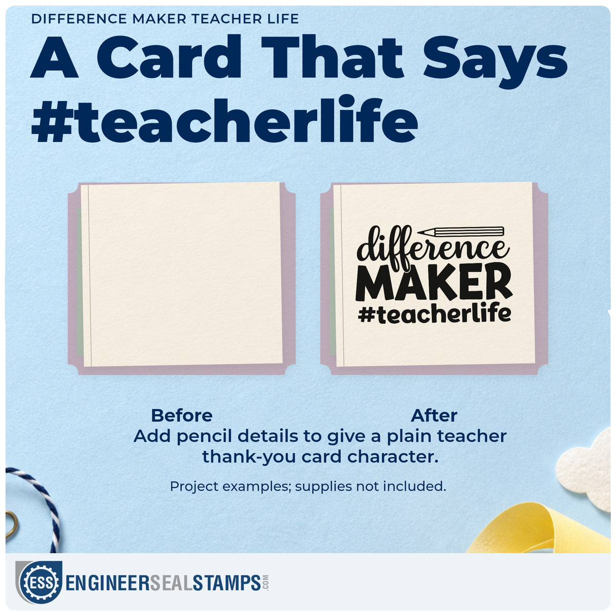 Before and after of a plain item finished with the Difference Maker Teacher Life Pre-Inked Stamp – Slim, a quick upgrade for break fridge labels.