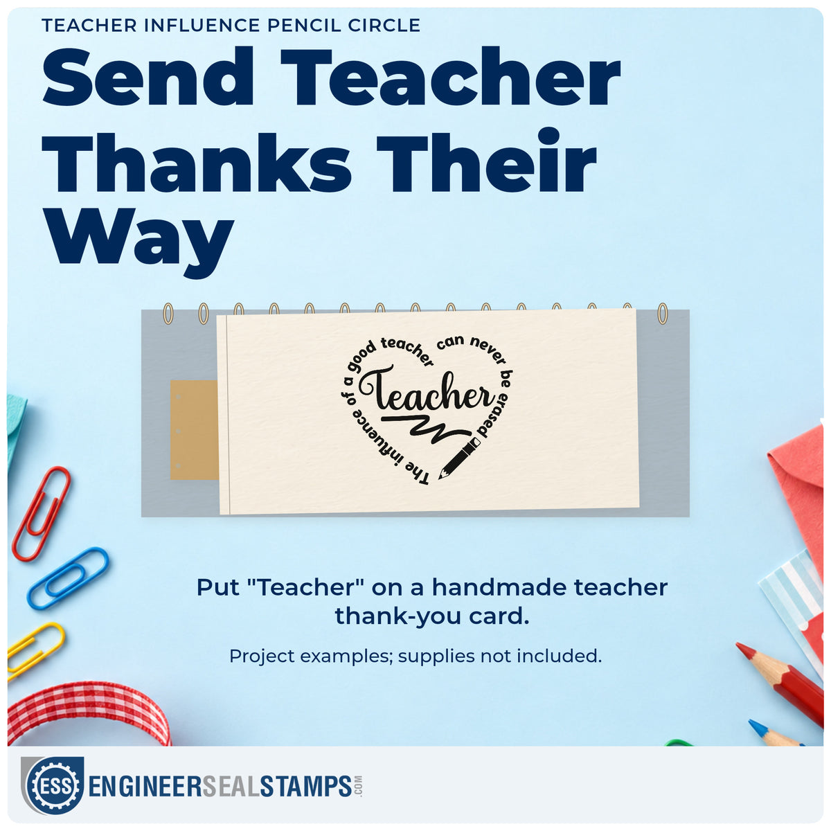 A finished handmade project stamped with the Teacher Influence Pencil Circle PSI Pre-Inked Stamp, ideal for sketchbook tags.