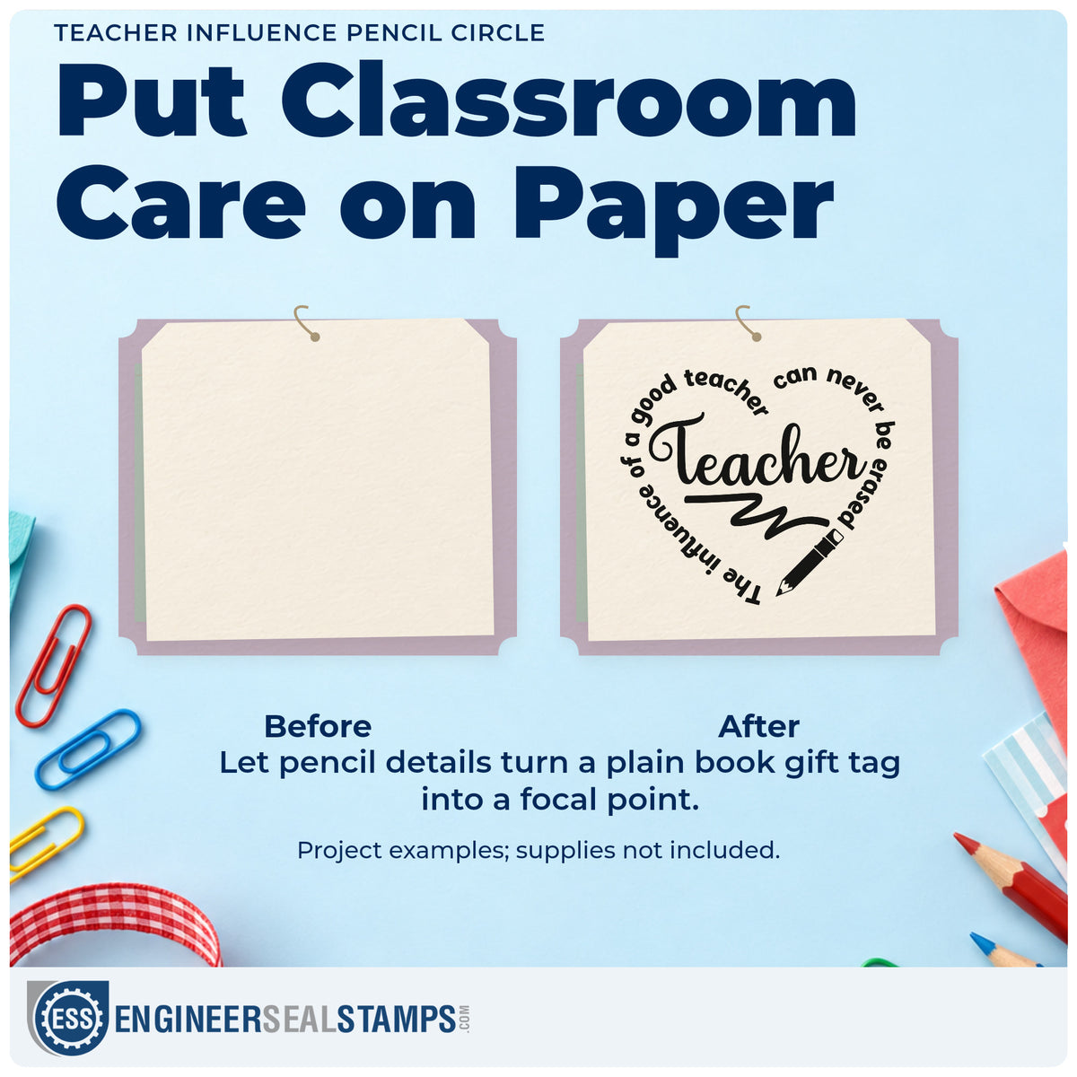 Before and after of a plain item finished with the Teacher Influence Pencil Circle Rubber Stamp – Wood Handle, a quick upgrade for draft bin labels.