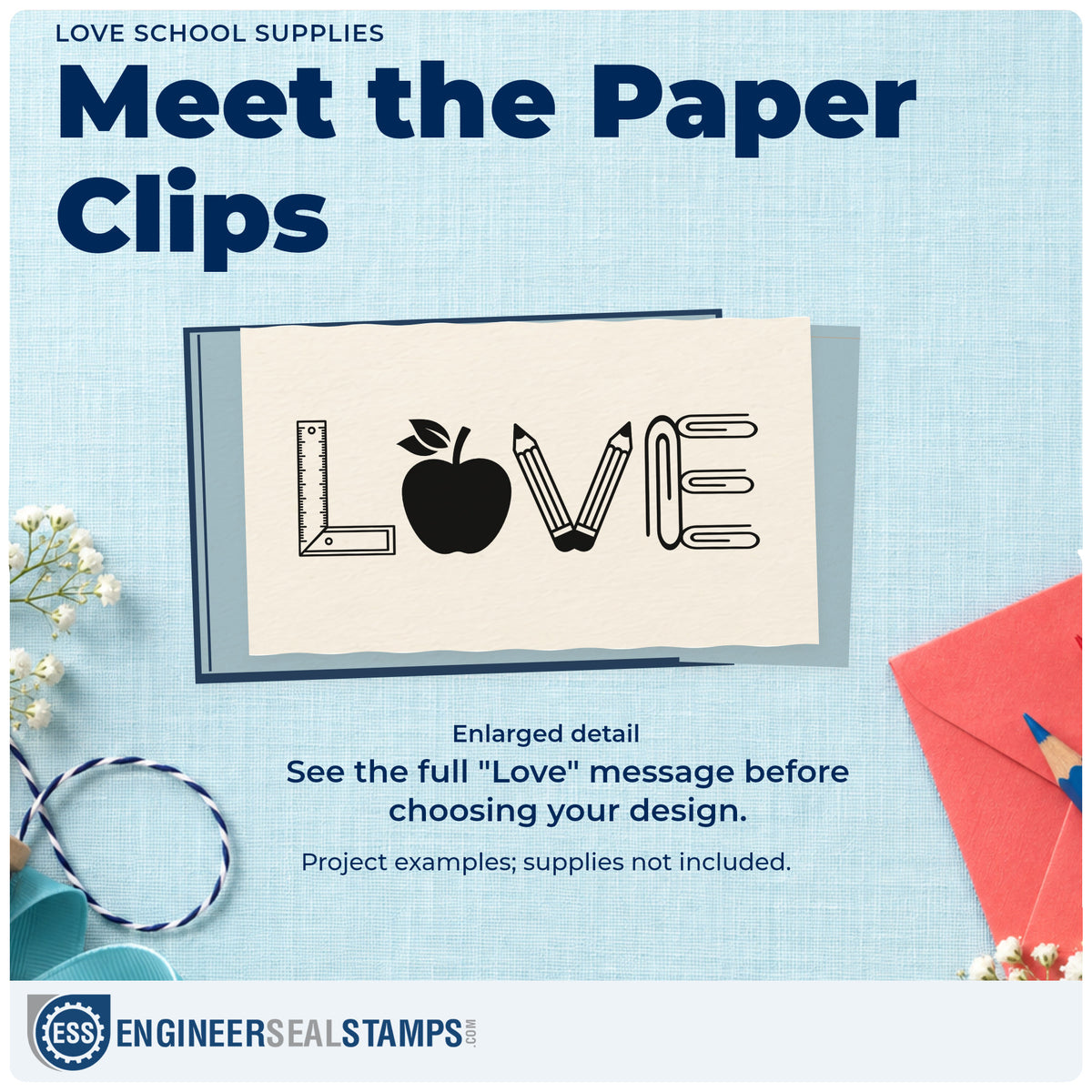 Enlarged detail of the Love School Supplies Apple Slim Pre-Inked Stamp imprint. A ruler, apple, pencils, and paper clips form the letters of "Love."