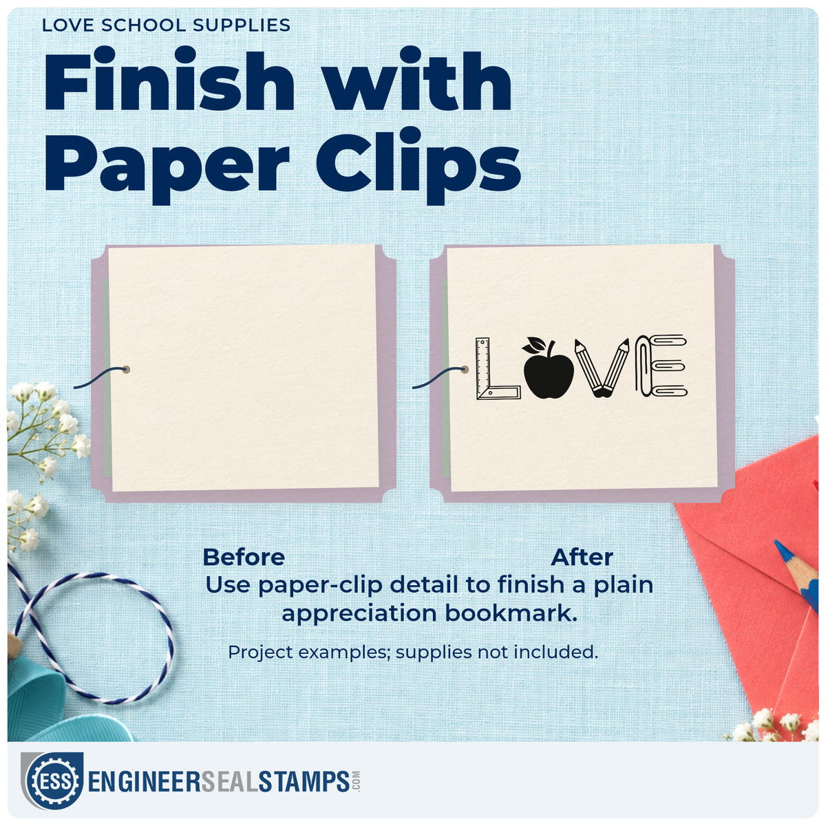 Before and after of a plain item finished with the Love School Supplies Apple Rubber Stamp – Duo Hand, a quick upgrade for drawer tray labels.
