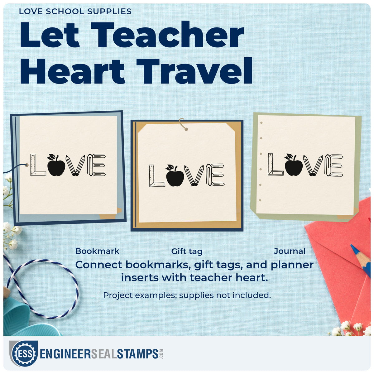 Three project examples made with the Love School Supplies Apple Pre-Inked Stamp – PSI, including clip art crafts.