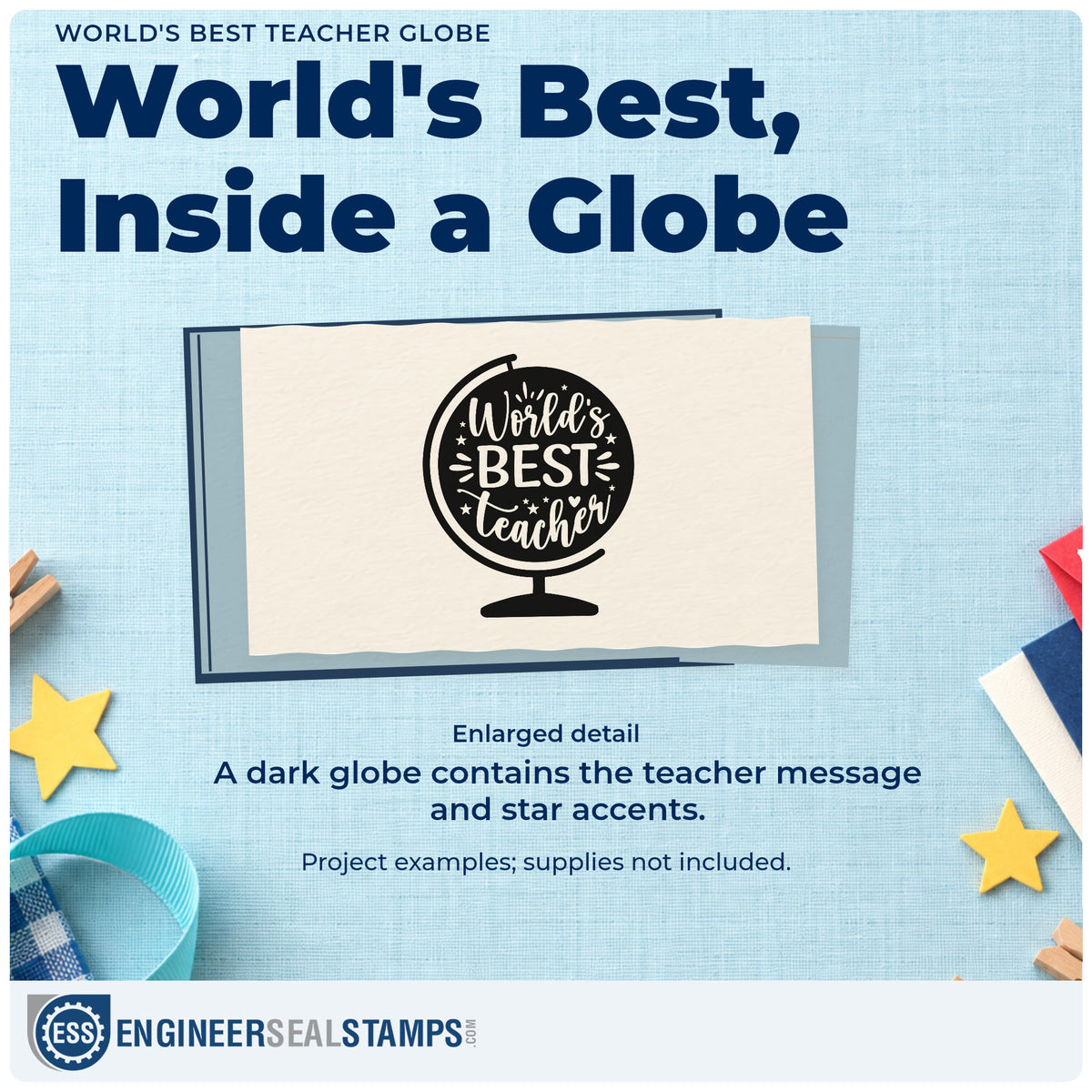 Enlarged detail of the Pre-Inked World's Best Teacher Globe Stamp – PSI imprint. A dark globe on a stand contains "World's best teacher" lettering with stars.