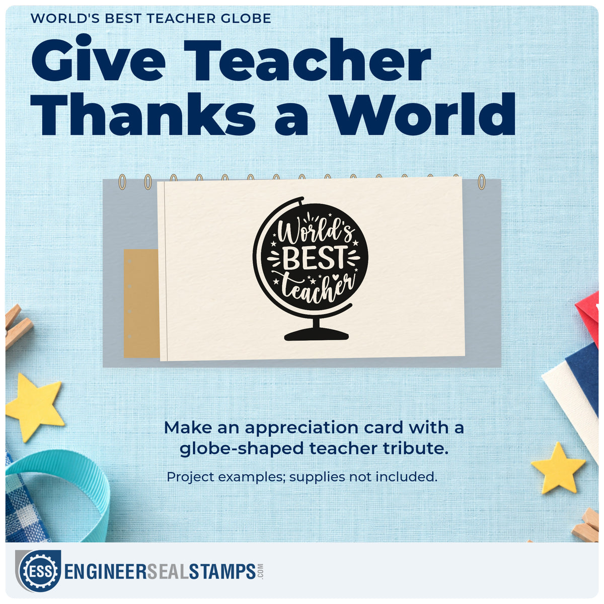 A finished handmade project stamped with the World's Best Teacher Globe Craft Stamp – Self-Inking, ideal for award base tags.