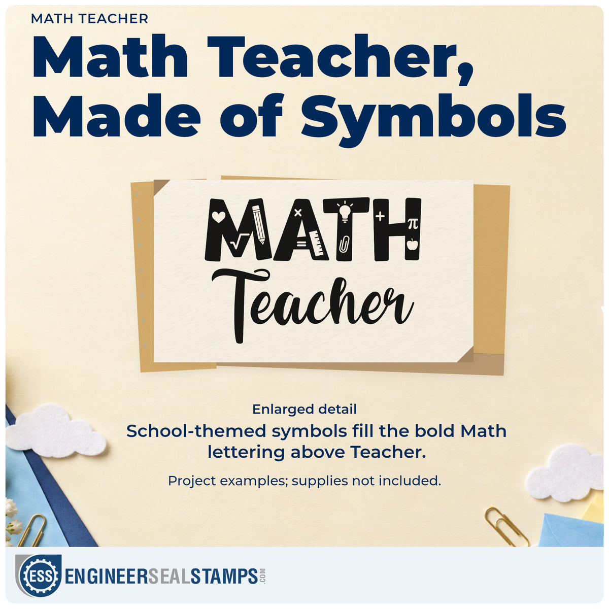 Enlarged detail of the Math Teacher Script Lettering PSI Pre-Inked Stamp imprint. School-themed symbols fill bold "Math" lettering above "Teacher" script.