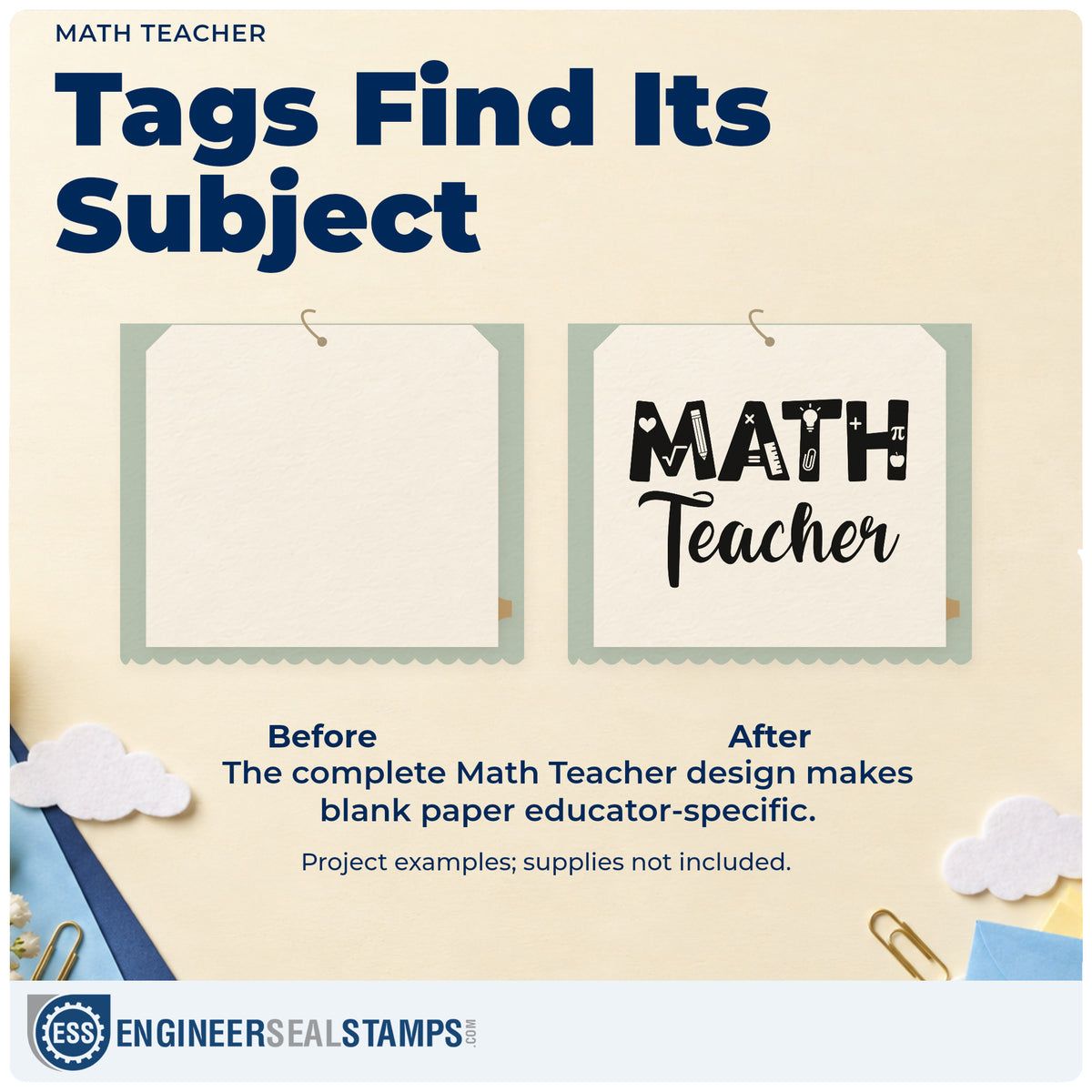Before and after of a plain item finished with the Math Teacher Script Lettering PSI Pre-Inked Stamp, a quick upgrade for manipulative labels.