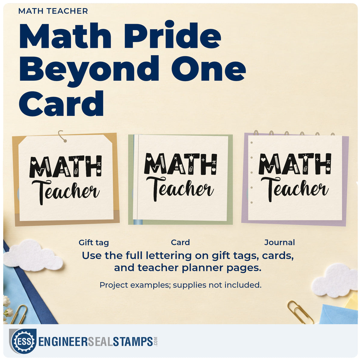 Three project examples made with the Math Teacher Script Lettering PSI Pre-Inked Stamp, including number line crafts.