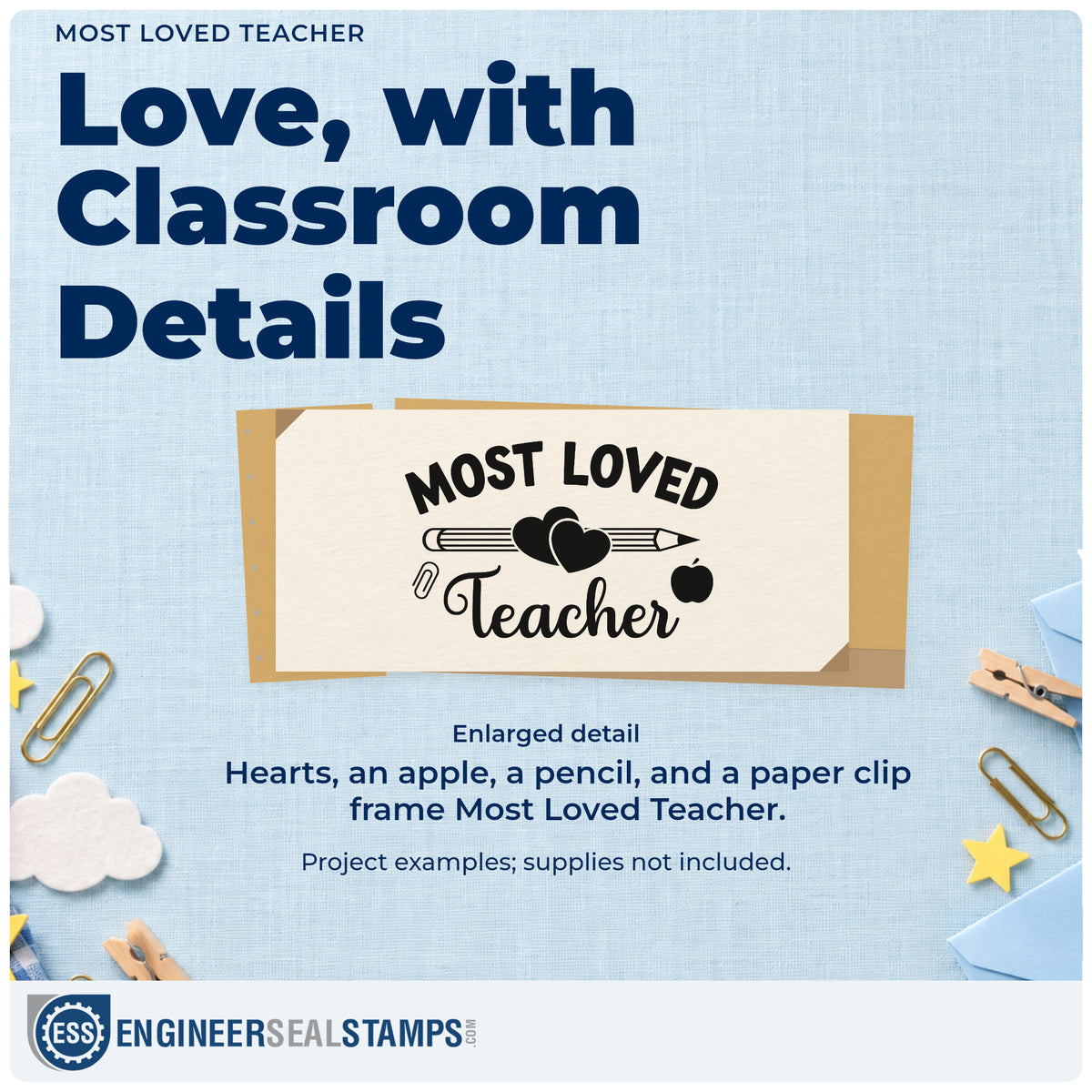 Enlarged detail of the Most Loved Teacher Stamp – Self-Inking imprint. A pencil, overlapping hearts, apple, and paper clip accompany "Most loved teacher."
