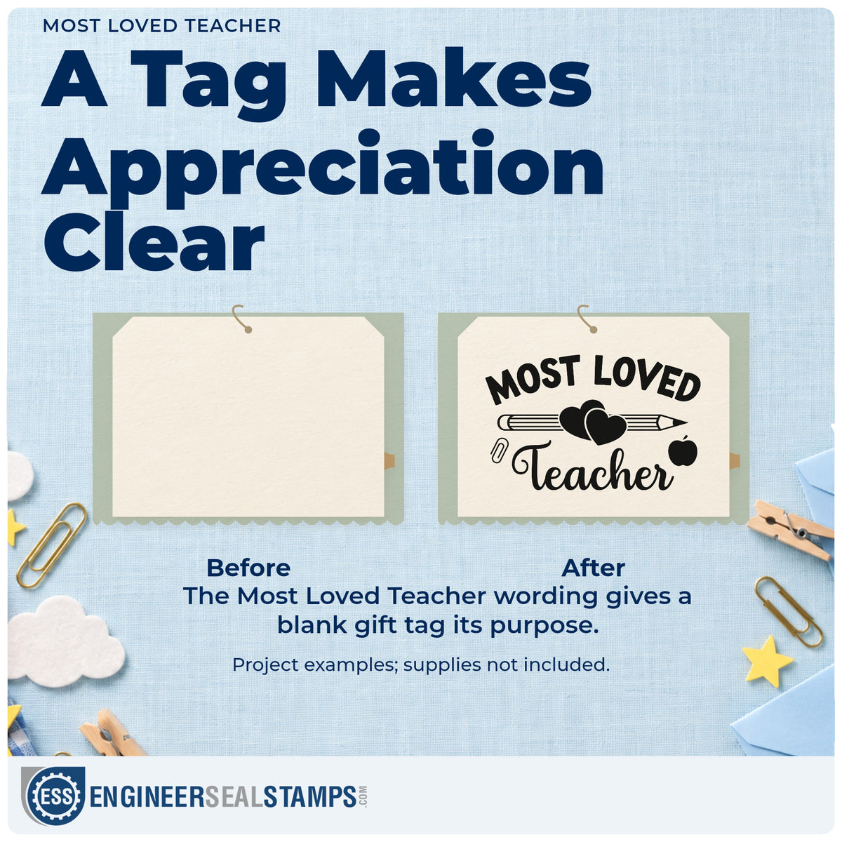 Before and after of a plain item finished with the Most Loved Teacher Slim Pre-Inked Stamp, a quick upgrade for gift pile labels.
