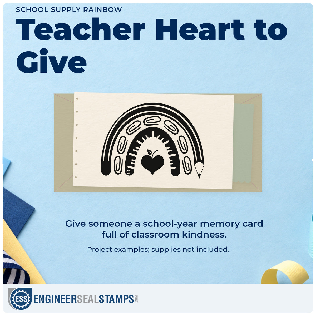 A finished handmade project stamped with the Self-Inking School Supply Rainbow Apple Stamp, ideal for donation drive tags.