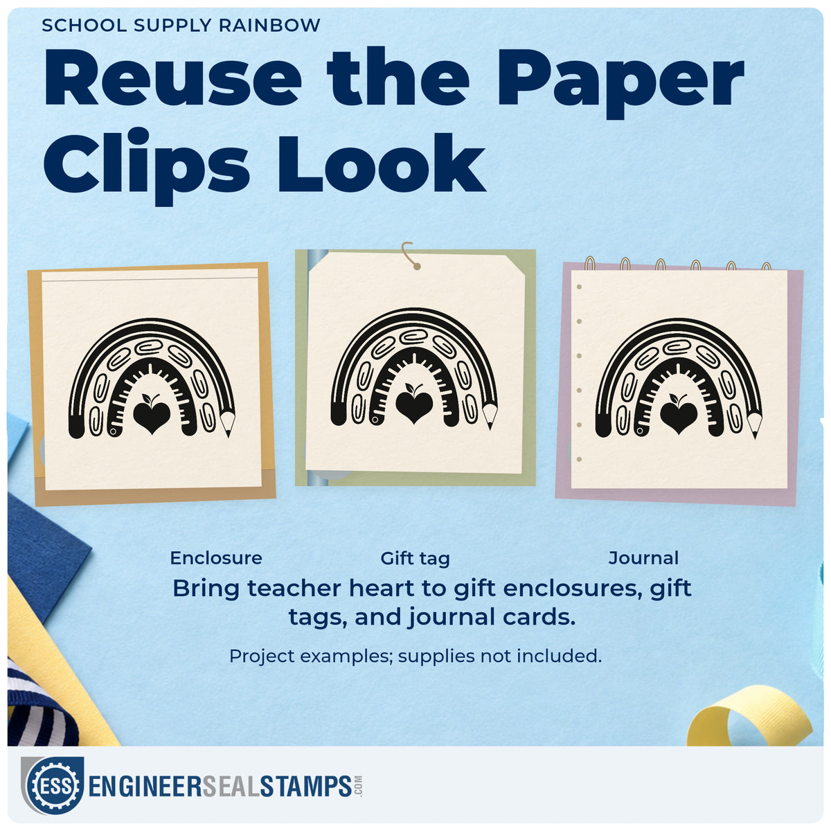 Three project examples made with the School Supply Rainbow Apple Rubber Stamp – Wood Handle, including pencil cup labels.
