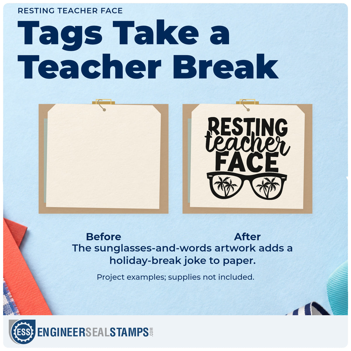 Before and after of a plain item finished with the Resting Teacher Face Stamp – Self-Inking, a quick upgrade for pool bag seals.