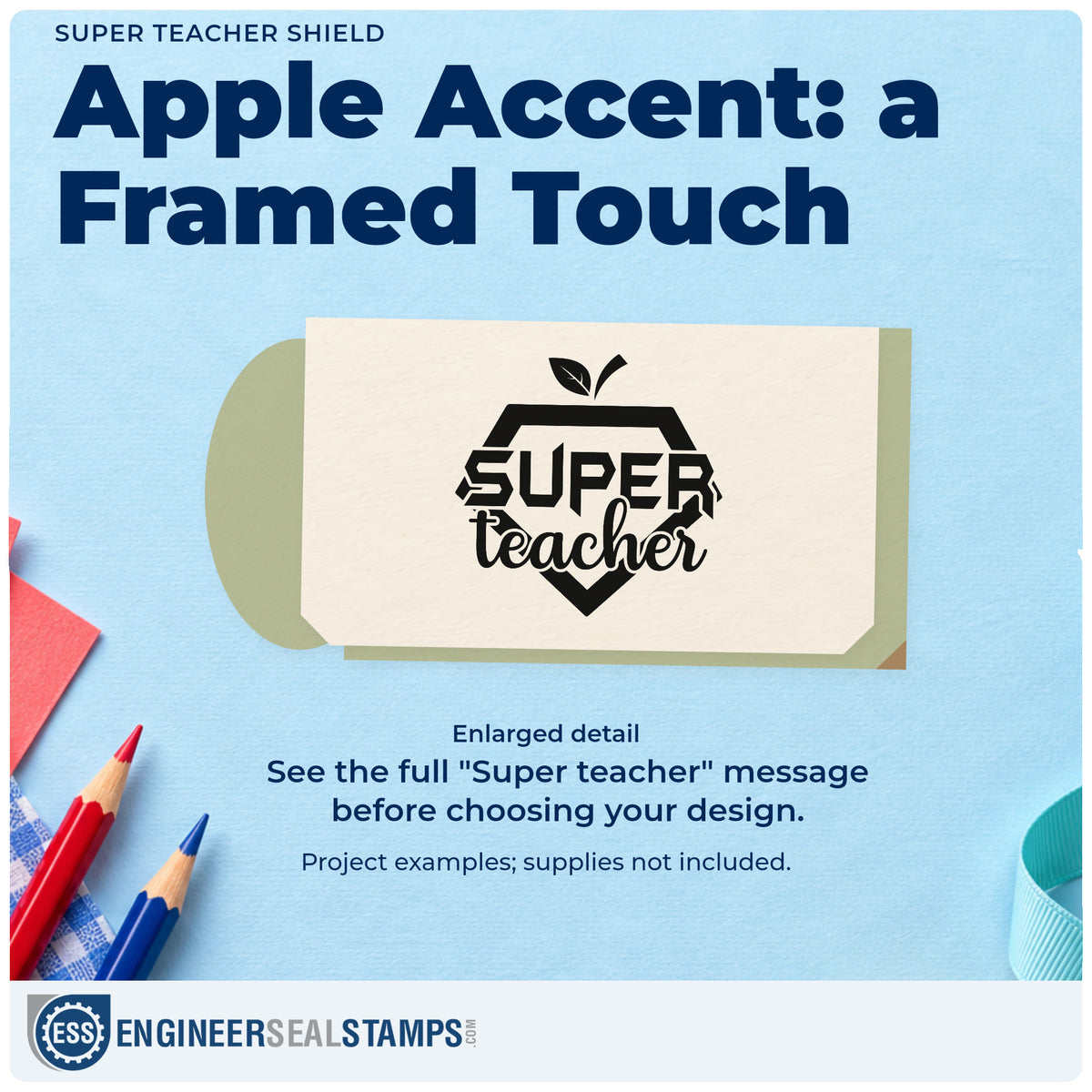 Enlarged detail of the Super Teacher Shield Leaf Accents Wood Handle Stamp imprint. A superhero-style shield and apple leaves frame "Super teacher."