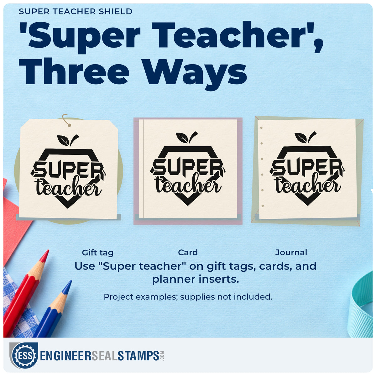 Three project examples made with the Super Teacher Shield Leaf Accents Wood Handle Stamp, including trophy plinth labels.